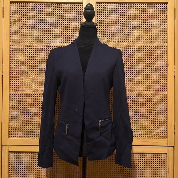 Carmen Marc Valvo Blazer Jacket Womens 4 Navy Gold Zipper Open Front Office - Picture 1 of 3